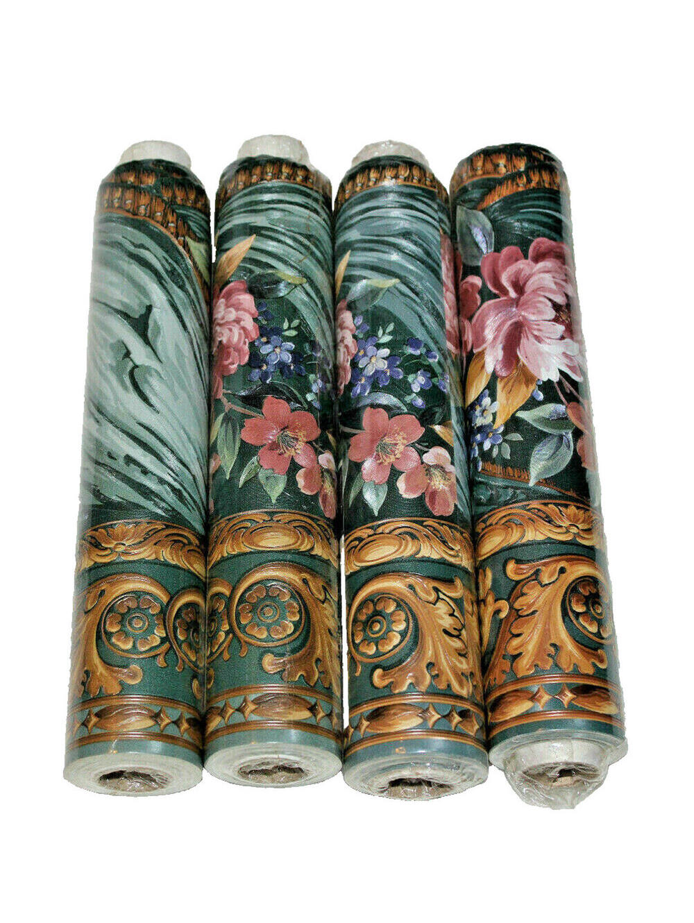 4 Rolls Village Pre-Cut Border #592267 Green Floral Gold Trim 10.2" wide x 15'